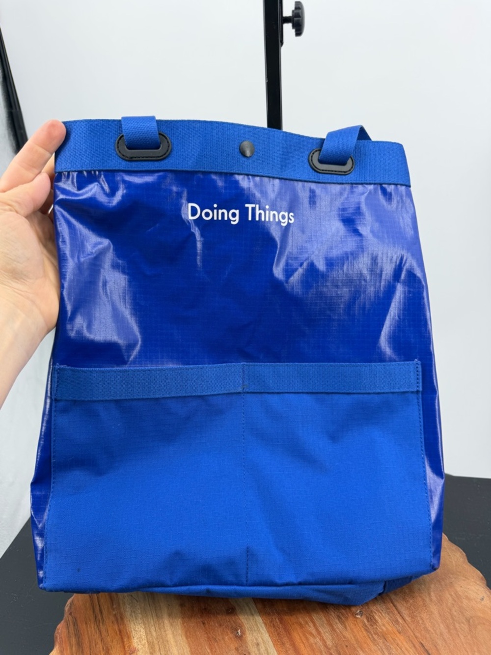 Outdoor Voices Doing Things bag in blue backpack tote